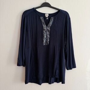 Chicos Womens Tunic Size 3 Navy Blue Sequin Accent Long Sleeve Top
